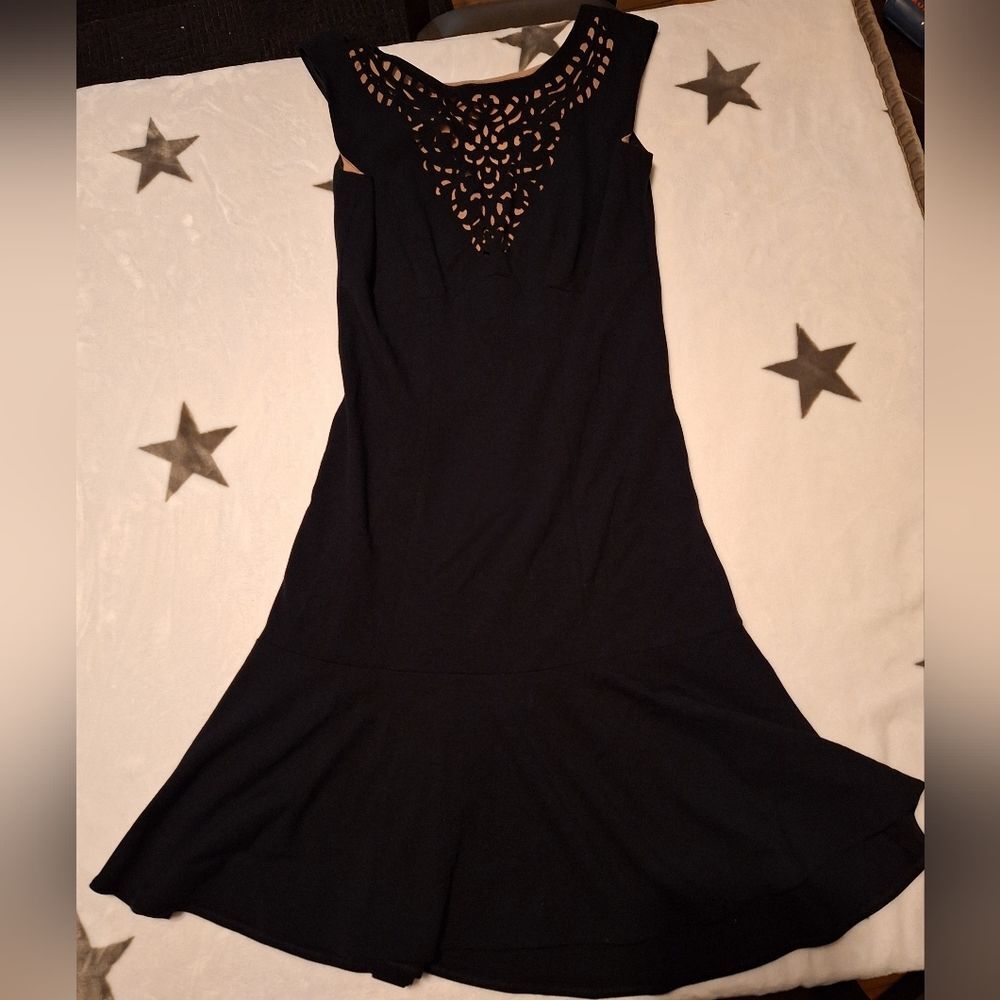 Cache Laser Cut Sheath Dress Womens 6 Black Tan Sleeveless Party Formal - Picture 7 of 12